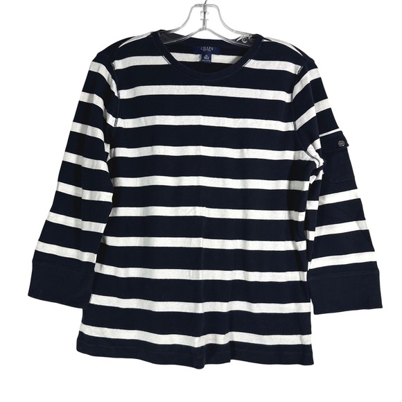 Chaps Tops - Chaps Womens XL Navy Blue White Striped Cotton Long Sleeve Top Sleeve Pocket B84